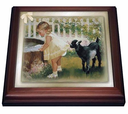 3dRose trv_167219_1 Billy Goat and Little Girl Art Trivet with Ceramic Tile, 8 by 8″, Brown Review