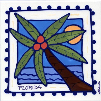 Decorative Whimsical Ceramic Tile Wall Art Hot Pad Trivet By Diane Artware - 6 X 6 Inch - Florida Palm Tree