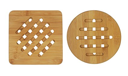 Bambri Bamboo Trivets for Kitchen, Hot Pads, Teapot Trivet, Pack of 2 (Square and Round)