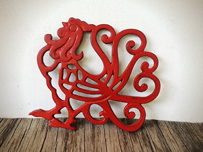 Farmhouse Table Decor / Rustic Kitchen Accessories / Red Rooster Cast Iron Trivet / Country Kitchen Gift / Large Hot Pad