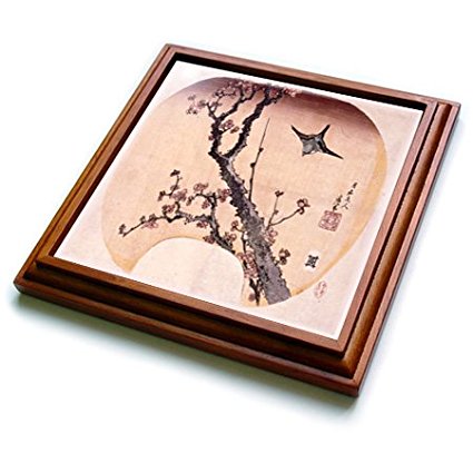 3dRose trv_163297_1 Image of Japanese Painting of Cherry Blossoms and Warbler Trivet with Ceramic Tile, 8 by 8