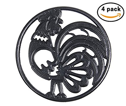 Cast Iron Trivet Set - Round with Charming Rooster Pattern - Trivets Protect Kitchen Surface and Dining Table - 8 Inch Wide with Non-skid Rubber Feet by Upstreet