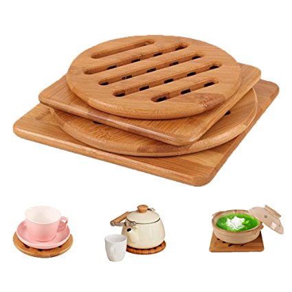 Natural Bamboo Trivet Mat Set, Kitchen Wood Hot Pads Trivet, Heat Resistant Pads for Hot Dishes/Pot/Bowl/Teapot/Hot Pot Holders, Anti-Hot Non-Slip Durable,Square and Round (Pack of 4), by MUWENTY