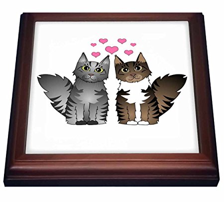 3dRose trv_35530_1 Cute Maine Coon Cats in Love-Silver and Brown Tabby with White Trivet with Ceramic Tile, 8 by 8