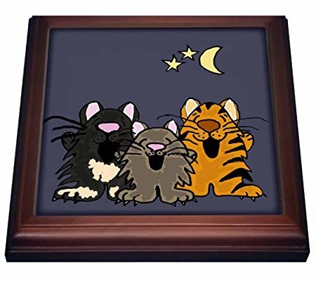 3dRose trv_200115_1 Funny Tiger Cat, Black Cat, and Grey Cat Singing in Moonlight Trivet with Ceramic Tile, 8 by 8″, Brown Review