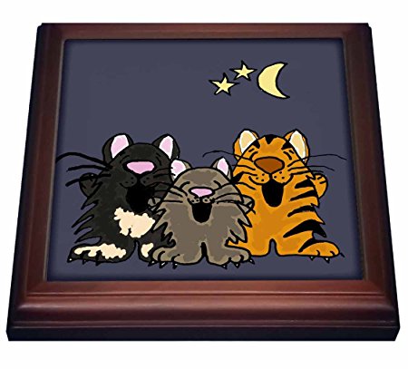 3dRose trv_200115_1 Funny Tiger Cat, Black Cat, and Grey Cat Singing in Moonlight Trivet with Ceramic Tile, 8 by 8