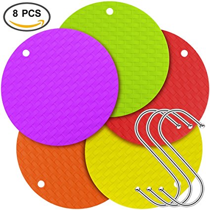 5 pcs Silicone Trivet Mats, Hot Pads / Pot Holders, Spoon Rest, Jar Opener & Coasters - SourceTon Kitchen Tool is Heat Resistant, Insulation, Non-slip & Flexible, Bonus 3 S Shape Hooks for storage