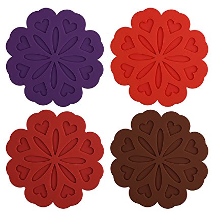 Me.Fam Flower Silicone Trivet,trivet,pot Holder,jar Opener,spoon Rest and Garlic Peeler (Set of 4) flexible,durable,dishwasher Safe,heat Resistant Hot Pads (Marsala(Dark Red)+Red+Coffee+Pupple)