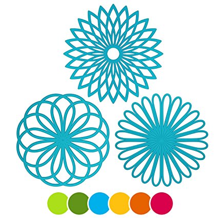 ME.FAN 3 Set Silicone Multi-Use Flower Trivet Mat - Premium Quality Insulated Flexible Durable Non Slip Coasters Hot Pads Blue