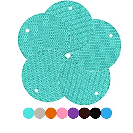 LogHog Set of 5 Silicone Coasters Pot Holder Cup Mat,Non Slip Flexible Durable Heat Resistant Hot Pad (Round) (Teal)