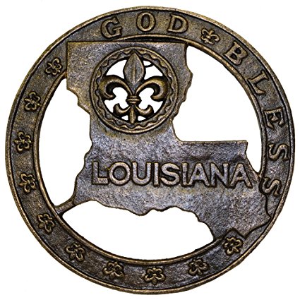 Cast Iron God Bless louisiana map and Fleur de lis Trivet