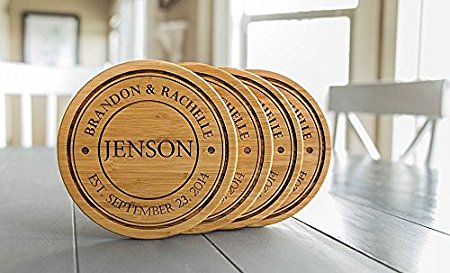 Personalized by Name Wood Trivet Coasters 7 inch - Kitchen Trivets Hot Pads for Hot Dishes, Wedding Gifts for the Couples (Jenson Design, Set of 4)