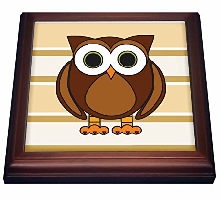 3dRose trv_28532_1 Cute Brown Owl Cream Taupe Stripe Trivet with Ceramic Tile, 8 by 8