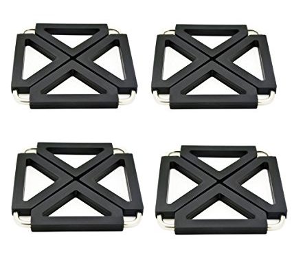 Kitchen Foldable Silicone Metal Trivets, Pot Holder Pads, Table Dish Mat – Expandable/Collapsible (Square Black-4 packs) Review