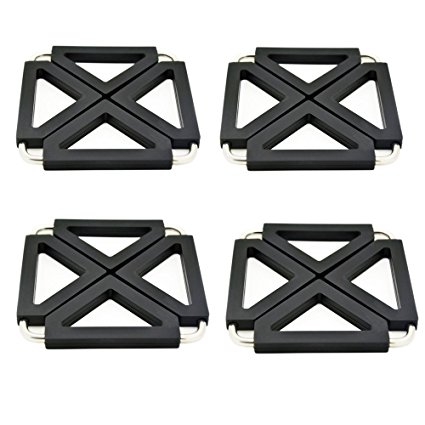 Kitchen Foldable Silicone Metal Trivets, Pot Holder Pads, Table Dish Mat - Expandable/Collapsible (Square Black-4 packs)