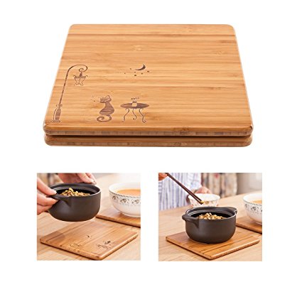 Gobam Trivet Bamboo Coasters Pot Holders Durable great for Table Kitchen,Natural Bamboo, 2 Piece,Square-7.48-inch