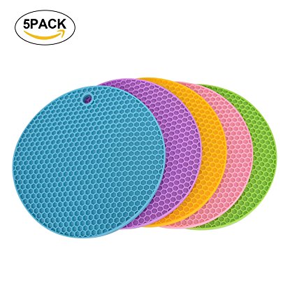 Silicone Trivet Mats Round Pot Holder 5Pcs Multi-Purpose Hot Pot Mats Hot Pad Jar Opener Spoon Rest Heat Resistant Non-slip Durable Flexible Dishwasher Safe for Home Use