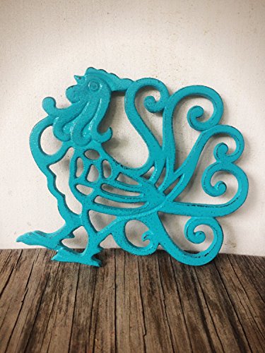 Turquoise Rooster Cast Iron Trivet - Farmhouse Table Decor - Rustic Kitchen Accessories - Country Gift - Large Hot Pad