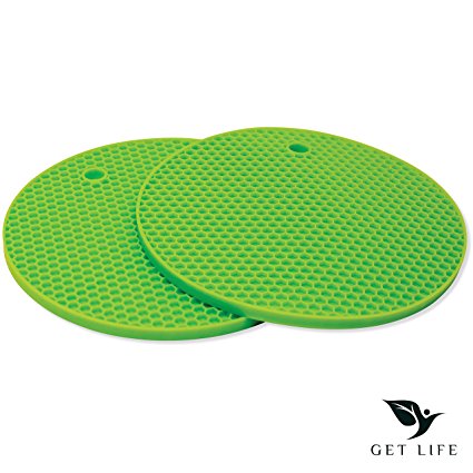 Get Life Ultra Thick Premium Honeycomb Silicone Trivets/Pot Holders (450°F Heat Resistant, BPA Free, Dishwasher Safe, Set of 2) (Leafy Green)