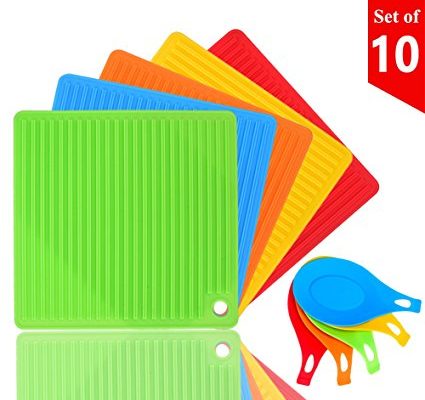 ME.FAN Silicone Trivet Mat, Hot Pads, Pot Holders, Potholder , Jar Opener Large Coasters & Spoon Rest – Multi-Use Kitchen Gadgets – Heat Resistant & Dishwasher Safe – (Bright Colors – Set of 10) Review