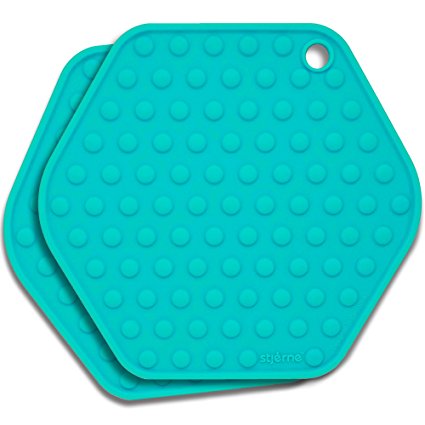 Stjerne Set of 2 Multipurpose Large Silicone Trivets, Mat, Multiple Spoon Rest, Jar Opener, Pot Holder, Coaster, 5-in-1, Heavy Duty & Flexible (Teal)