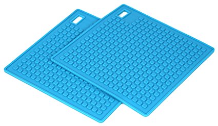 Set of 2 Multipurpose 5 in 1 Silicone Kitchen Tool - Trivet Mat, Pot Holders, Spoon Rest, Jar Opener, Coaster | Heat Resistant Placemat, Hot Pads | Dish Drying | Non-Slip, Durable (Blue)